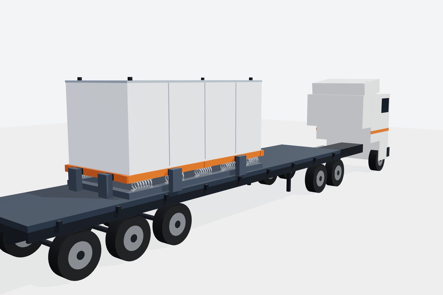 Flatbed trailer carrying an equipment skid on AWRI wire rope isolators with fore-aft end-stops